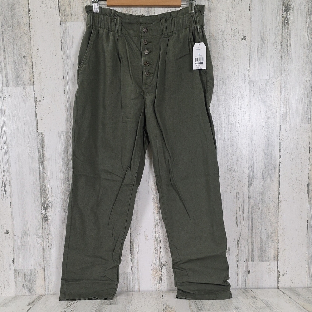 Time And Tru Olive Green Button Front Paperbag Waist High Rise Pants Size 14 NEW